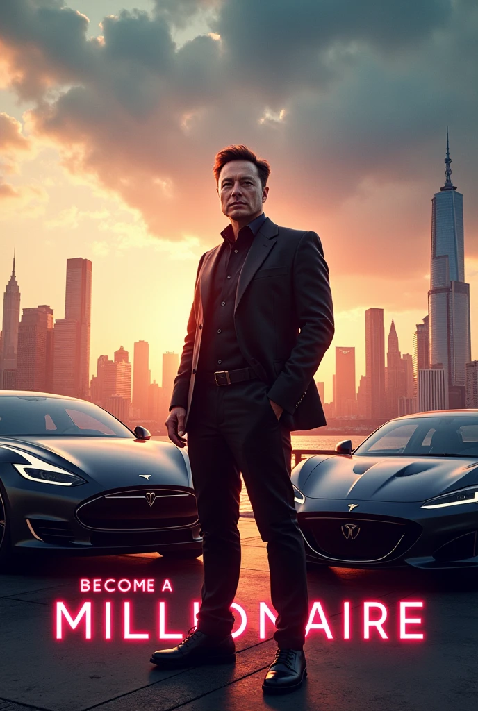 "Create a dynamic image featuring Elon Musk standing confidently in front of a collection of luxury cars, including a sleek Tesla, a Lamborghini, and a Rolls-Royce. The backdrop is an ultra-modern city skyline at sunset, with the text 'Become a Millionaire' displayed prominently in bold, futuristic font. The overall vibe should exude success, ambition, and luxury, with Musk as the central figure, symbolizing the possibilities of wealth and innovation."