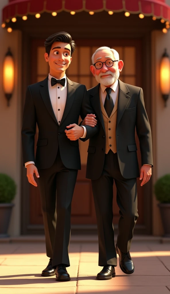 A handsome guy with black suit walking with his old father out of a restaurant,  pixar style, cinematic, masterpiece, high-aesthetic 