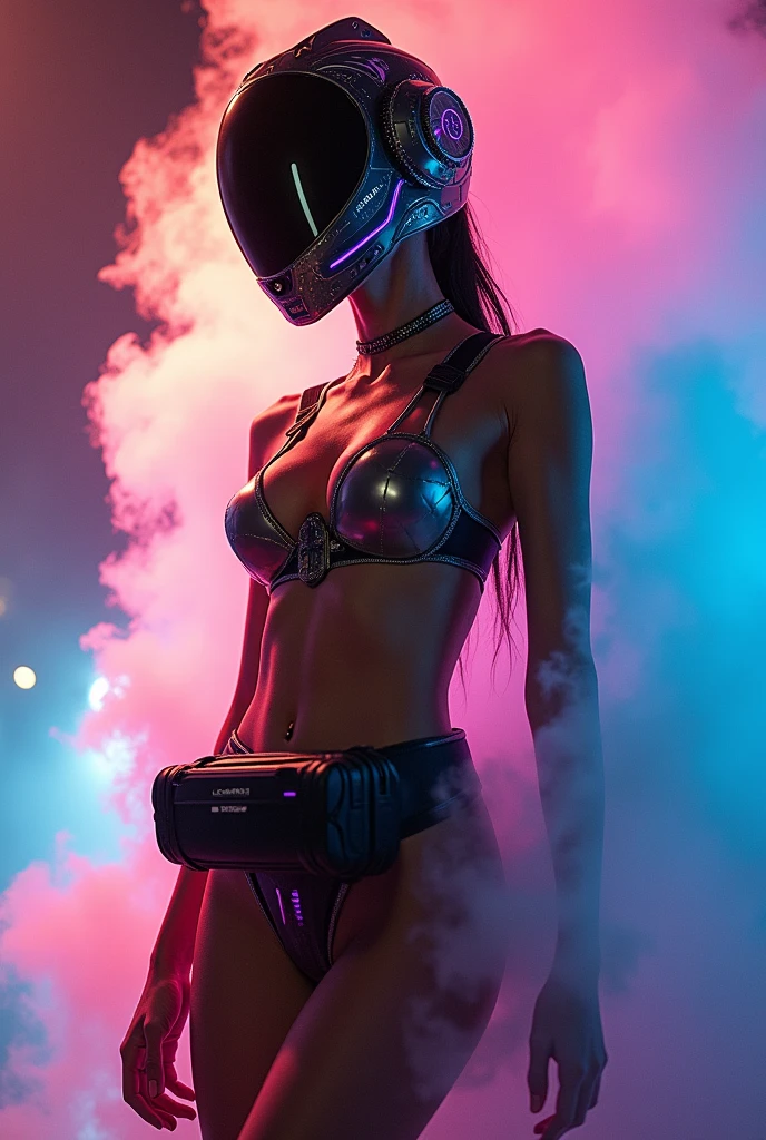 A futuristic woman with a super futuristic jockey mask with bright colors and mirror effect, the RS initials, and shiny robotic legs with mirror effect in a more extroverted pose. The legs are red, set against a detailed space background. Add futuristic boots with visible propulsion jets, an orange mask, and a glow effect around the character. The boots are silver, with a smoke effect at the bottom. Add a light effect on the propulsion jets, blinking LED lights on the mask, and change the suit colors. Add an electricity effect on the propulsion jets, with more vivid colors, a transparent visor, a neon pink background, a reflection effect on the visor, a bright yellow suit with a geometric pattern, a white basketball crop top, and tight red shorts.