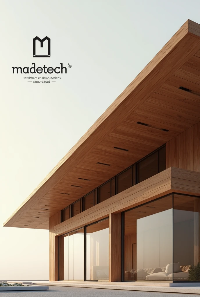 Create a visually striking Instagram post image featuring a modern roof design made of rich, natural wood. The wooden roof should be the central element of the image, showcasing its craftsmanship and texture. Incorporate the brand name 'Madetech's' into the scene, either as an elegant logo on the roof itself or as a subtle yet noticeable text overlay. The design should be clean, modern, and sophisticated, ideal for grabbing attention on social media.