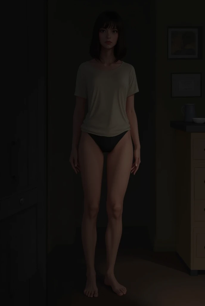 Woman with a t-shirt and underwear, medium-brown, 150cm tall, not showing her face, in a dark room, not very thin

