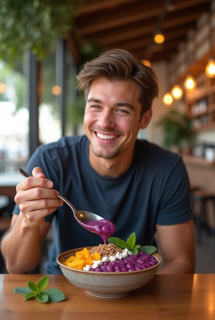realistic young man, At the acai shop ,eating acai , ultra HD, high qualiy, best qualityer, high resolution 18k