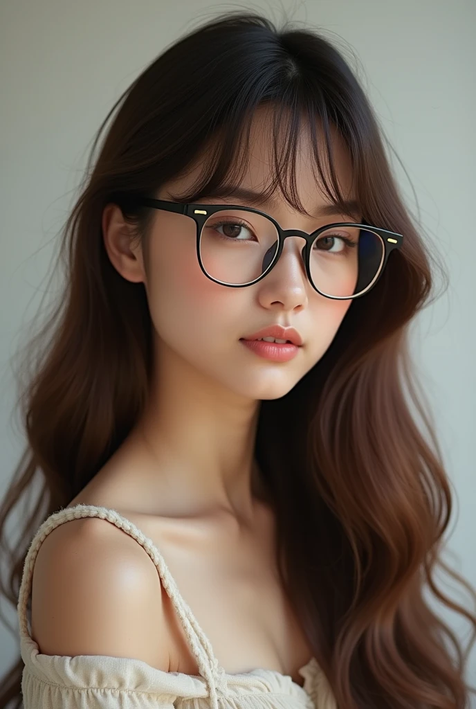 create a woman with long brown hair she wears glasses and bangs
