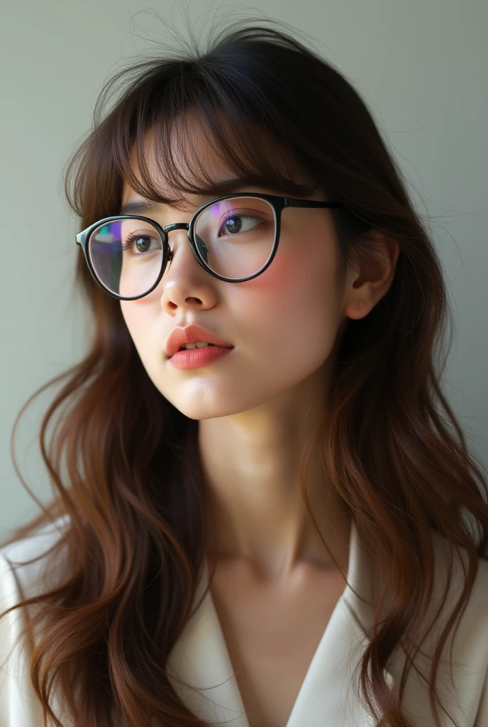 create a woman with long brown hair she wears glasses and bangs