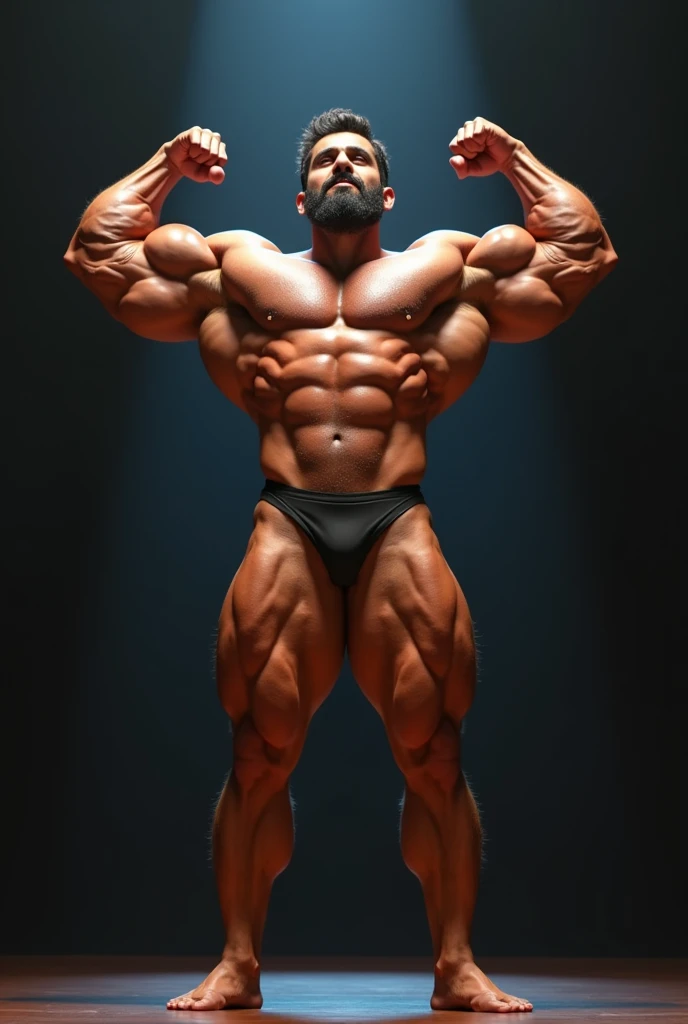 a bearded Persian man posing on a stage with his arms up and a smile on his face, body builder physique, Physicist exagerado, Physicist muscular exagerado, Mr. Universe, big fit ass, long, stark, Physicist |, corpo fitness ifbb, body builder posing, body builder, body builder body, ernest khalimov body, posing and flexing, Physicist exageradamente big fit ass, body builder