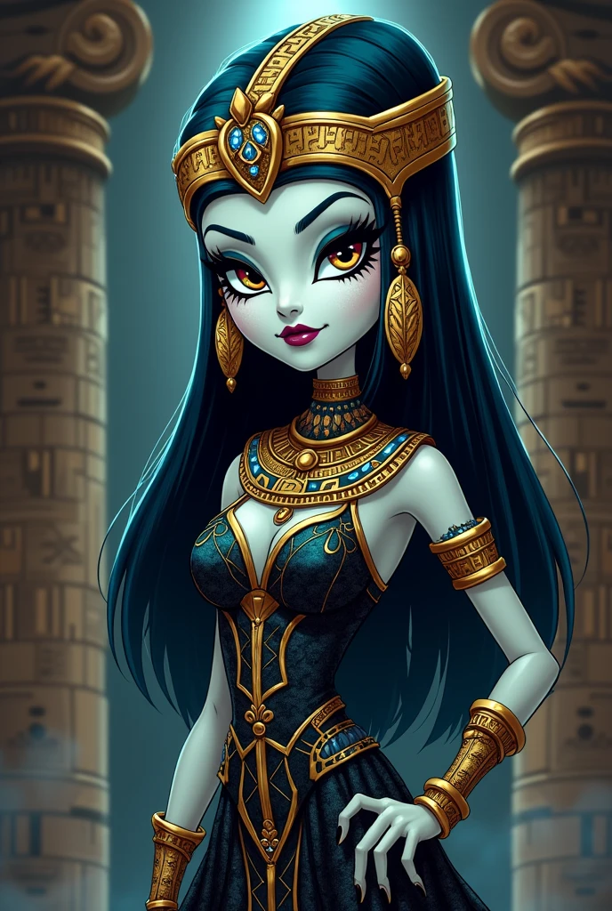 Create a redesign for Cleo De Nile [Monster High] using the gothic style and egyptian accessories [Cartoon Style]
