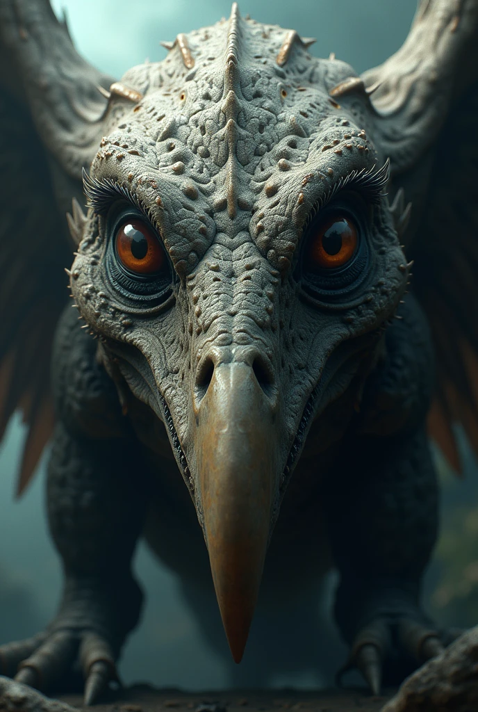 a giant reptilian-avian ape creature, beautiful detailed eyes, beautiful detailed lips, extremely detailed eyes and face, long eyelashes, sharp reptilian beak, large avian wings, photorealistic, hyper detailed, cinematic lighting, dramatic shadows, (best quality,4k,8k,highres,masterpiece:1.2),ultra-detailed,(realistic,photorealistic,photo-realistic:1.37),dark fantasy,surreal,digital painting