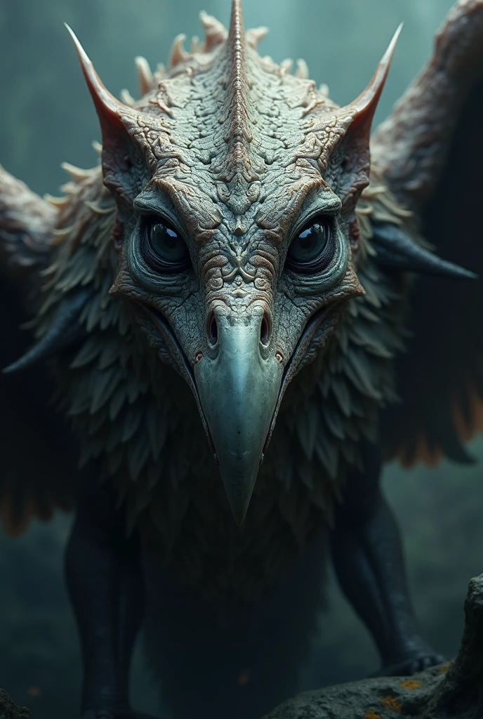 a giant reptilian-avian ape creature, beautiful detailed eyes, beautiful detailed lips, extremely detailed eyes and face, long eyelashes, sharp reptilian beak, large avian wings, photorealistic, hyper detailed, cinematic lighting, dramatic shadows, (best quality,4k,8k,highres,masterpiece:1.2),ultra-detailed,(realistic,photorealistic,photo-realistic:1.37),dark fantasy,surreal,digital painting