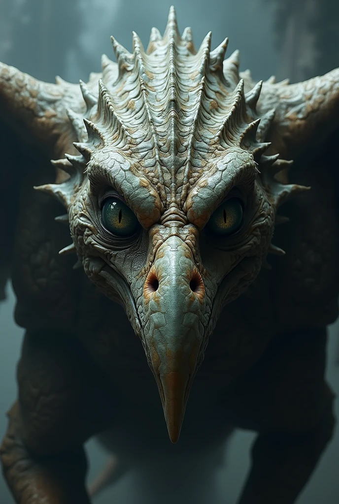 a giant reptilian-avian ape creature, beautiful detailed eyes, beautiful detailed lips, extremely detailed eyes and face, long eyelashes, sharp reptilian beak, large avian wings, photorealistic, hyper detailed, cinematic lighting, dramatic shadows, (best quality,4k,8k,highres,masterpiece:1.2),ultra-detailed,(realistic,photorealistic,photo-realistic:1.37),dark fantasy,surreal,digital painting