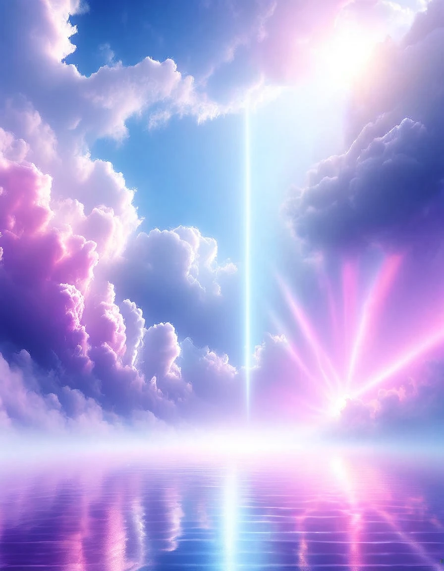 Tyndall phenomenon,Best quality,super detailed,valid,professional,Blue lace wedding dress,Rows of pinkish purple rays, cloud,fog,,White minimalist,partial reflection,Desktop wallpaper. Love is light, play of rays,glare.