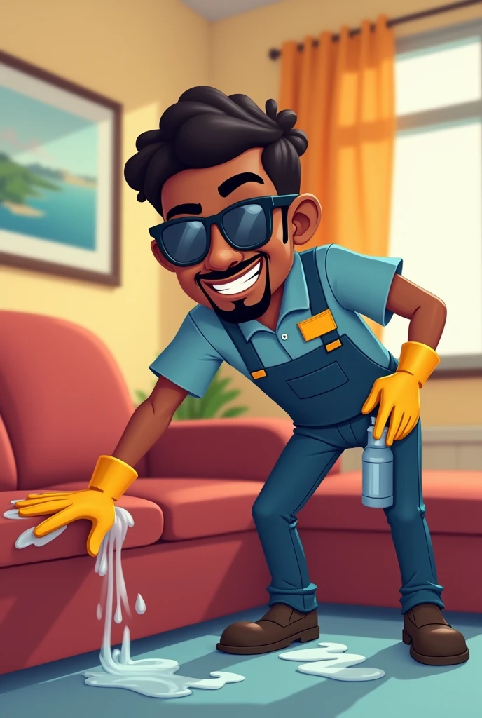A CARTOON OF A DARK-SKINNED MAN CLEANING TECHNICIAN WITH SUNGLASSES, A GOATEE AND A GLOVE CLEANING THE COUCH SHOWING A TRUSTWORTHY PERSONALITY WITH NO BACKGROUND IN THE IMAGE