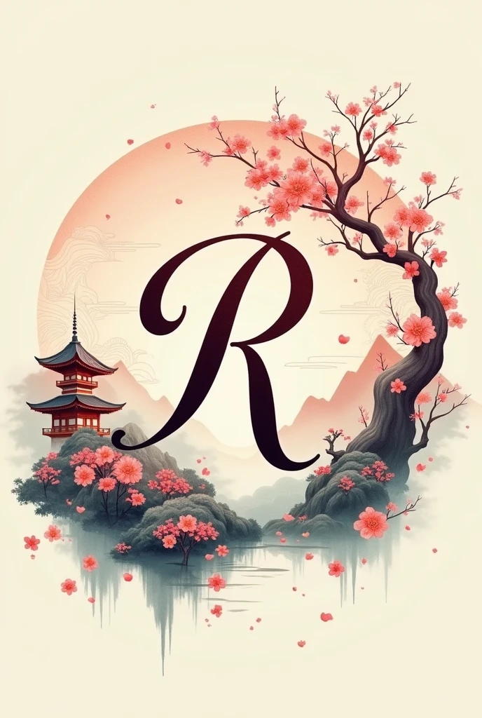 Cursive letter R logo with Japanese style background