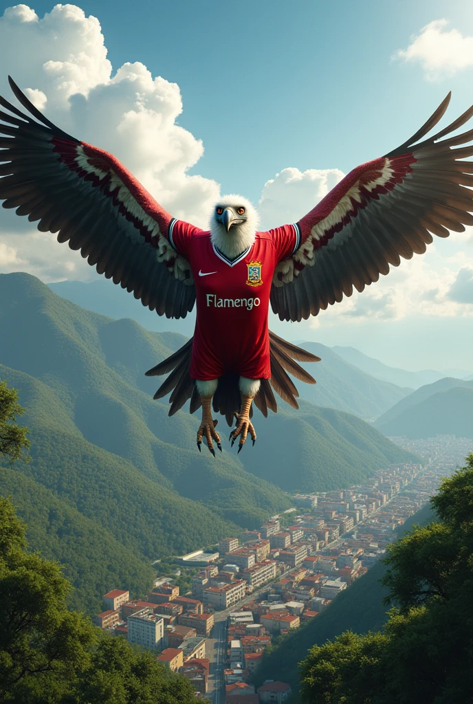 a vulture wearing a flamengo shirt flying over brazil