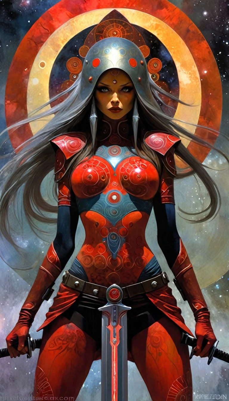1girl, alone, MANdALA fractal red body paint, y, multicolored very long hair galactic soldier holding a galactic mandala gray sword with both hands, mandala helmet and ready to attack aggressively, ZZZ, ZENLESSZONEZERO, ero sexy, emotal impact, art inspired by Bill Sienkiewicz and Dave McKean