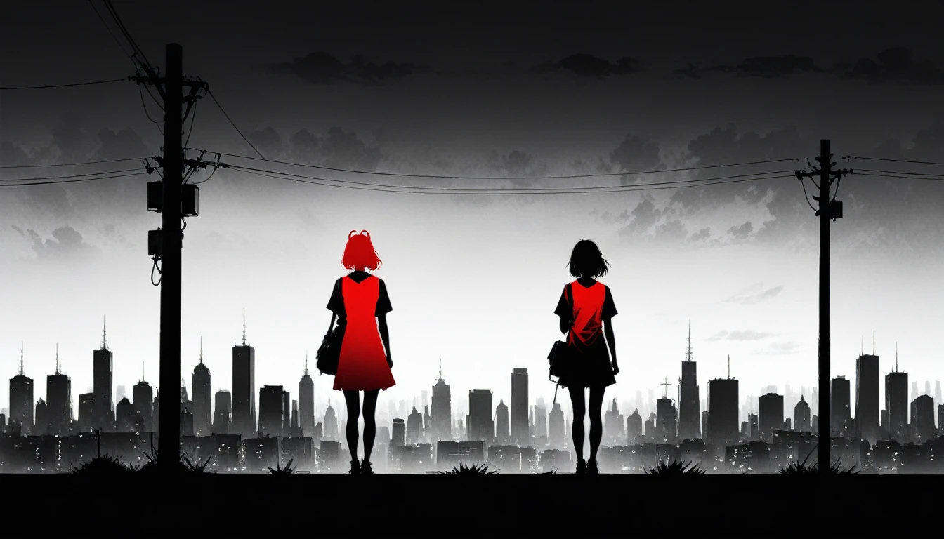 (styled by Ashley Wood:1.3),(in the style of Takeshi Obata:0.9),
black and white city skyline background,protruding power poles,(a red silhouette of a young girl:1.6),minimalist silhouette,red silhouette,Black and white background,wide_shot,silhouette of age girl on telephone pole,