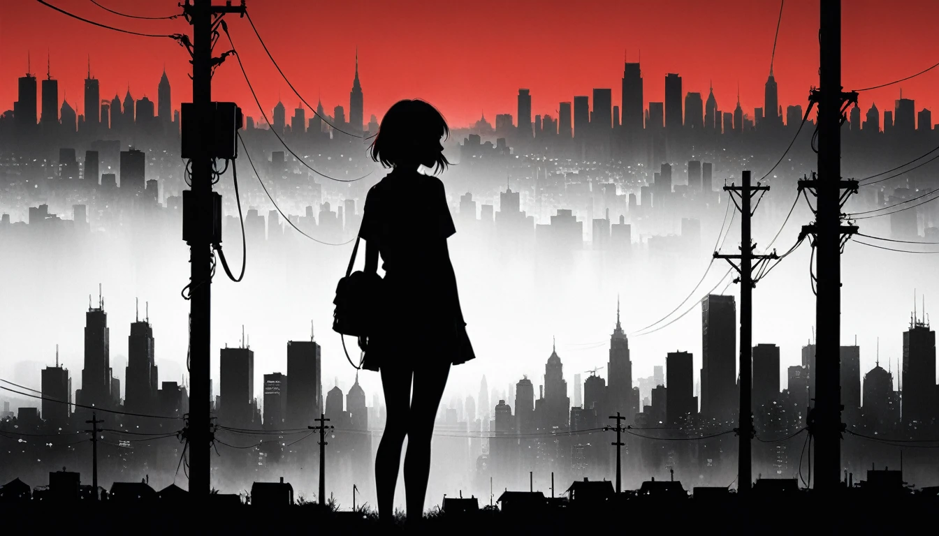 (styled by Ashley Wood:1.3),(in the style of Takeshi Obata:0.9),
black and white city skyline background,protruding power poles,(a red silhouette of a young girl:1.6),minimalist silhouette,red silhouette,Black and white background,wide_shot,silhouette of teenage girl on telephone pole,