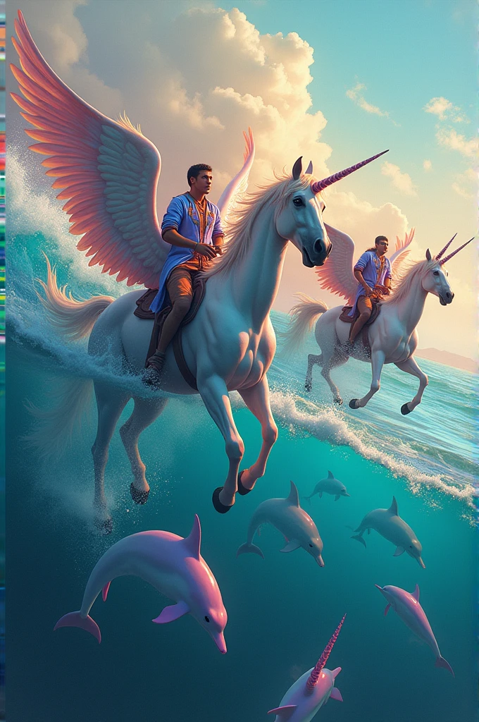Create an image of 4 unicorns with wings in the sea with many colors and dolphins. On each unicorn there will be a member of the band Morat Simor Vargas Martin Vargas Juan Pablo Villamil and Juan Pablo Isaza