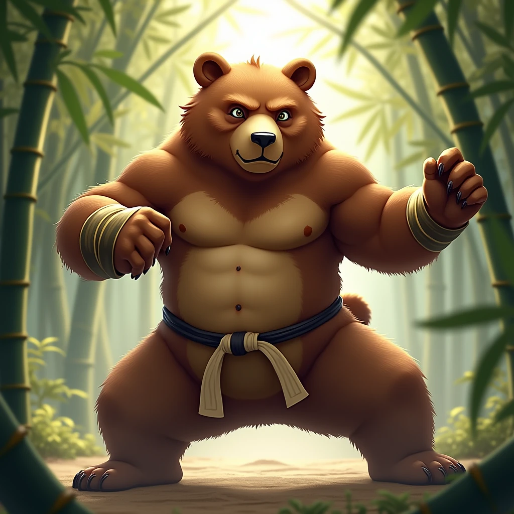 A powerful brown bear inspired by Kung Fu Panda, standing in a dynamic martial arts pose. The bear has a strong and muscular build, with expressive eyes that convey wisdom and determination. It's wearing traditional kung fu attire, with a sash around its waist and wristbands. The background features a serene bamboo forest with rays of sunlight filtering through the trees, adding to the mystical atmosphere. The bear's fur is rich brown, with subtle highlights that emphasize its strength and agility. 
