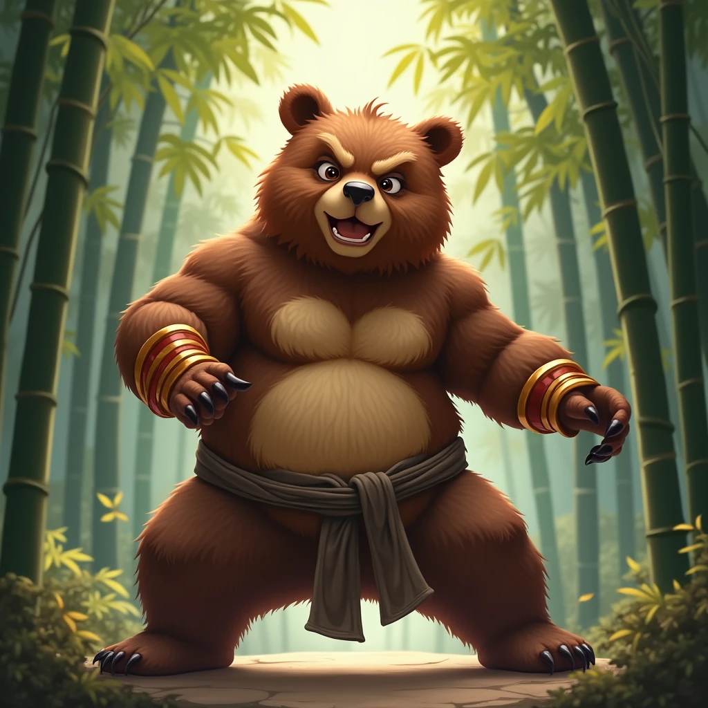 A powerful brown bear inspired by Kung Fu Panda, standing in a dynamic martial arts pose. The bear has a strong and muscular build, with expressive eyes that convey wisdom and determination. It's wearing traditional kung fu attire, with a sash around its waist and wristbands. The background features a serene bamboo forest with rays of sunlight filtering through the trees, adding to the mystical atmosphere. The bear's fur is rich brown, with subtle highlights that emphasize its strength and agility. 