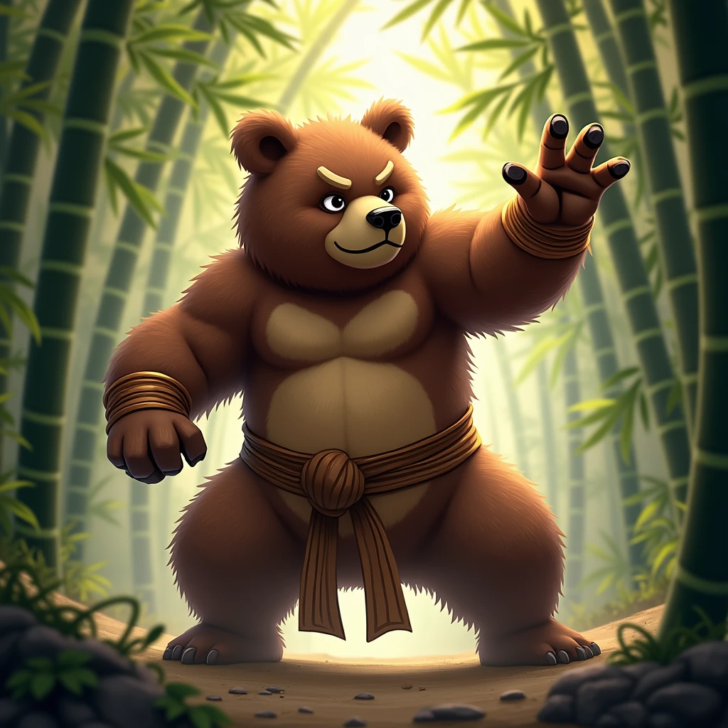 A powerful brown bear inspired by Kung Fu Panda, standing in a dynamic martial arts pose. The bear has a strong and muscular build, with expressive eyes that convey wisdom and determination. It's wearing traditional kung fu attire, with a sash around its waist and wristbands. The background features a serene bamboo forest with rays of sunlight filtering through the trees, adding to the mystical atmosphere. The bear's fur is rich brown, with subtle highlights that emphasize its strength and agility.