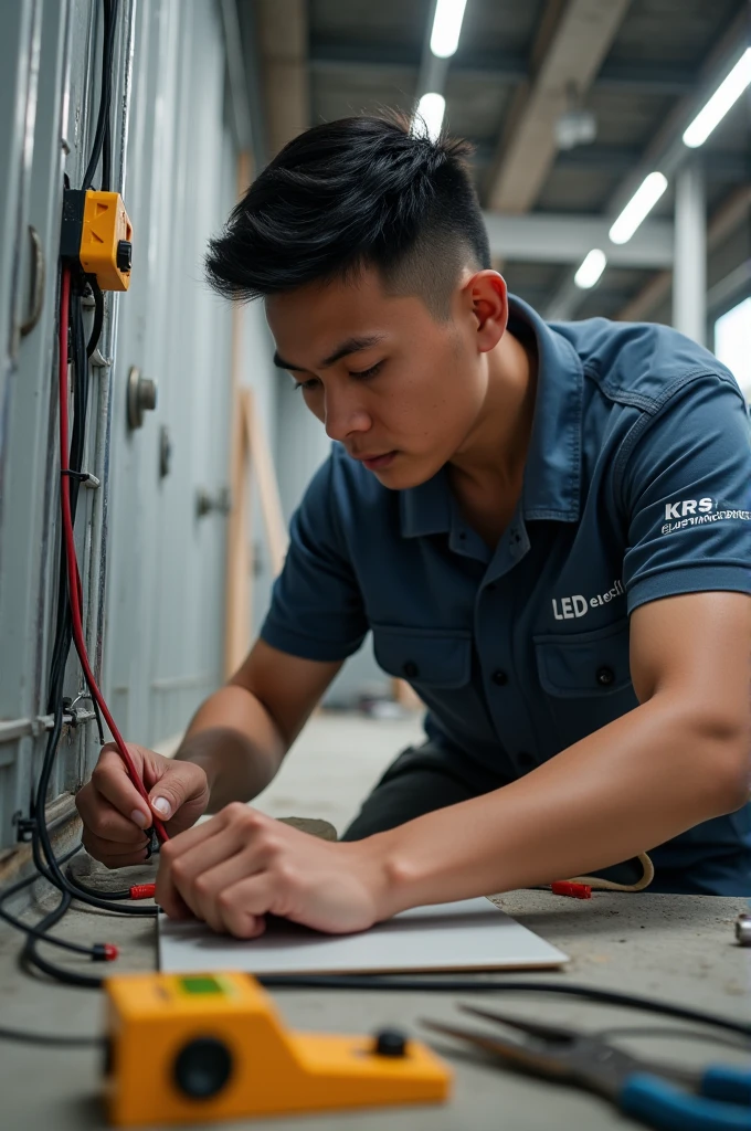 A young man working on construction site electrical wiring and led panel light fittings with right angle alignments with power tool like water leavel laser light and piler with Symbol written on his shirt is “KRS electrical”