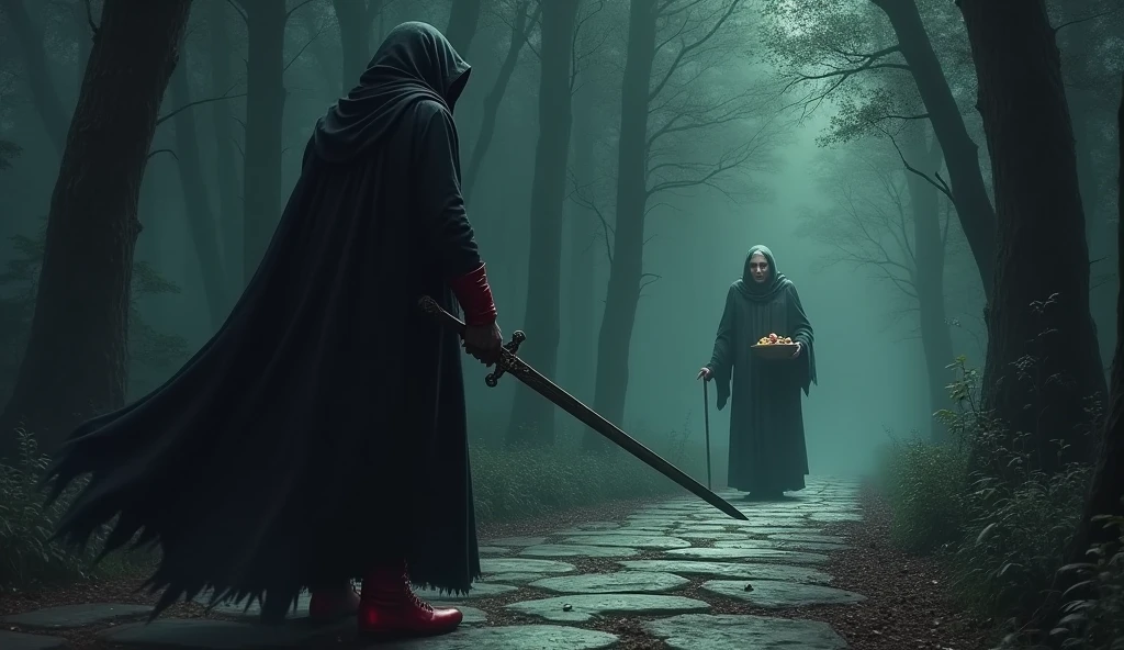  media with black cape and red shoes and a medieval sword in hand, in a black forest with a stone road, meeting a scary old woman with a fruit bowl in her hand.

