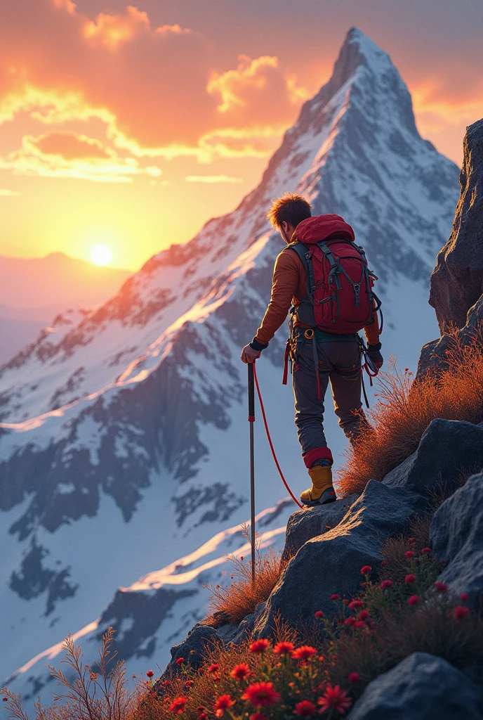 climber ascending a mountain at 3:00pm with bright colors