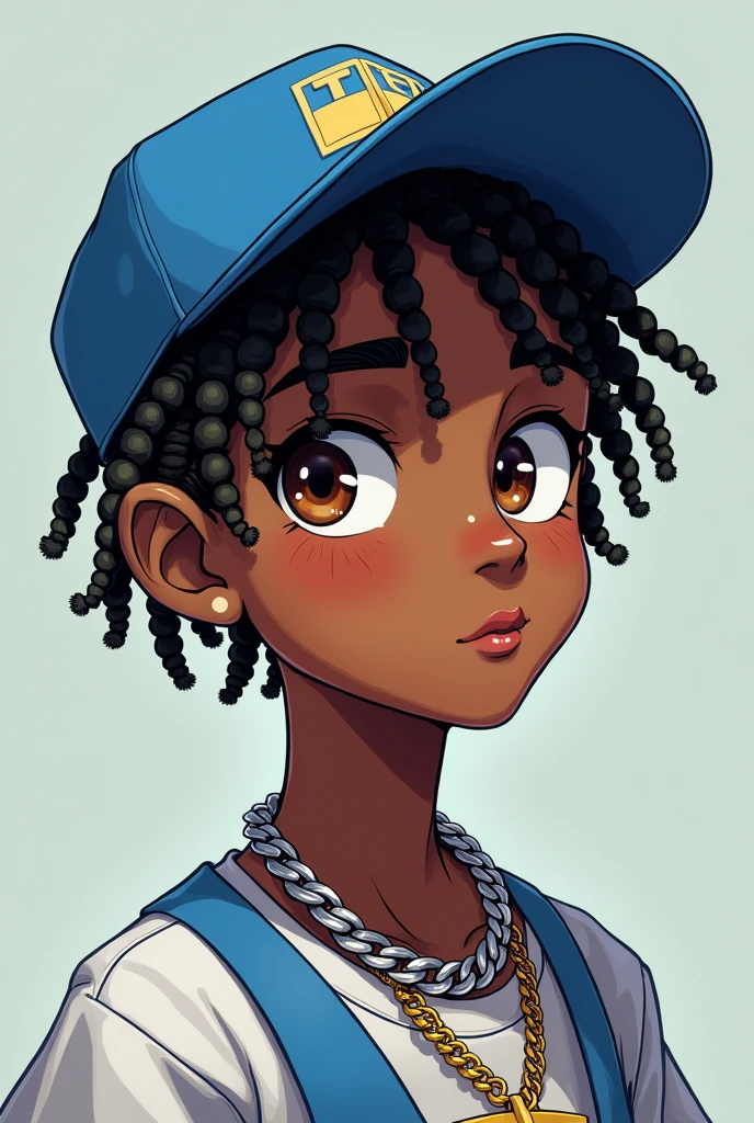 Anime black kid with twist and a blue la cap with a iced out chain