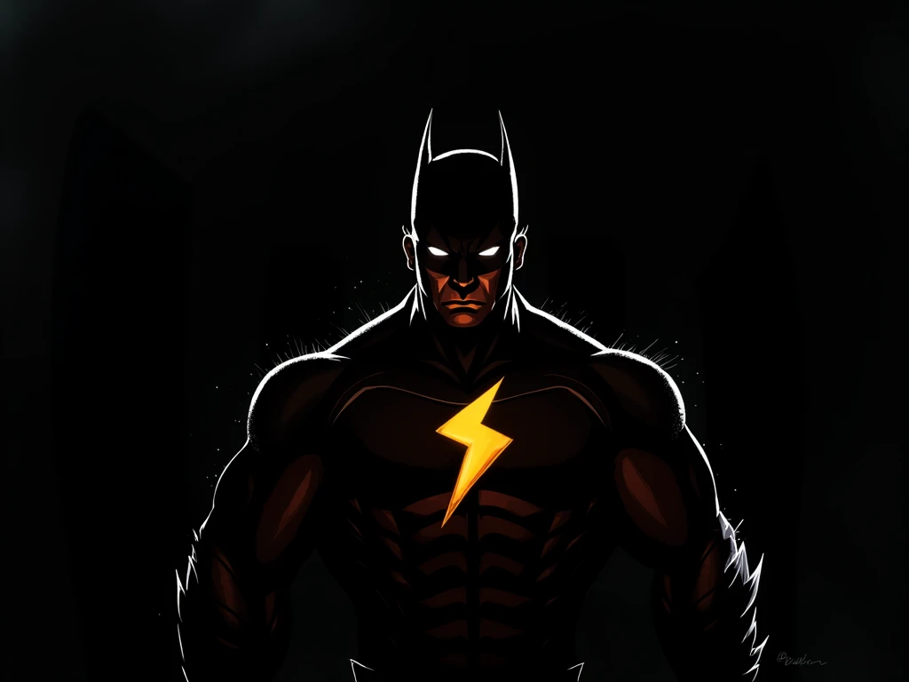 male character, with superhero outfit, dark, only the eyes highlighted in white,