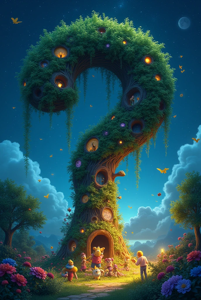 A large tree in the shape of a question mark with nature party under it on the night