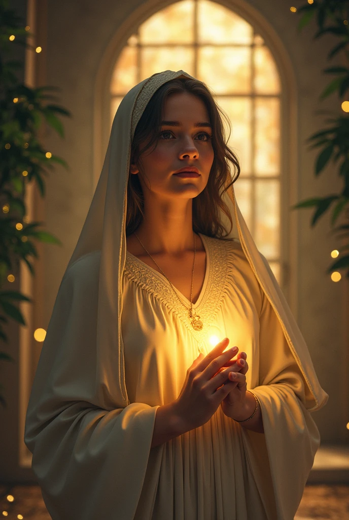  Chapter 1: The Divine Call Description: Pastora Fatima recebe uma chamada espiritual dentro do centro espírita para servir a Deus e começa sua jornada na fé. imageio: Fatima , with divine light illuminating your face, inside a spiritualist center .