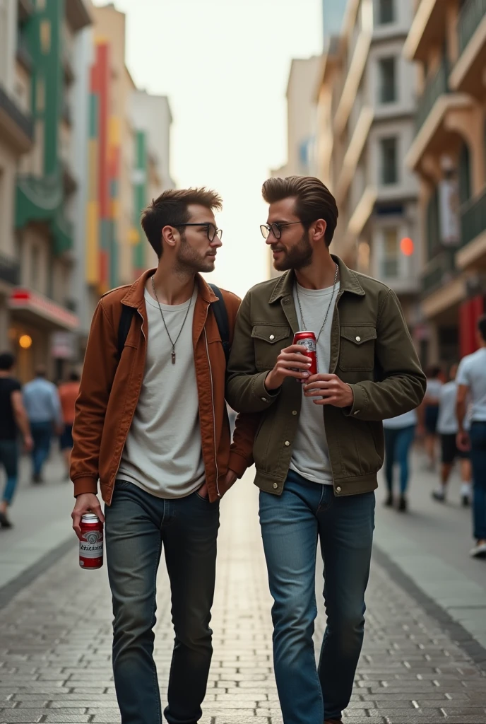 Two male friends walking on Paulista Avenue in São Paulo holding a can of Budweiser beer, the man on the right is white with light brown hair and a short pompadour without glasses, the one on the left has slightly darker brown skin with dark brown hair, wearing glasses