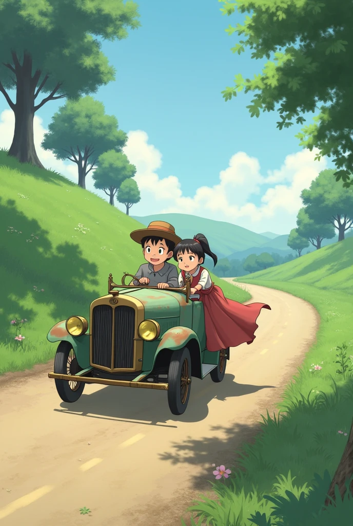 Similar to the movie style of My Neighbor Totoro, A boy wearing a hat rides a car carrying a girl in a long skirt,Long skirt flowing in the wind