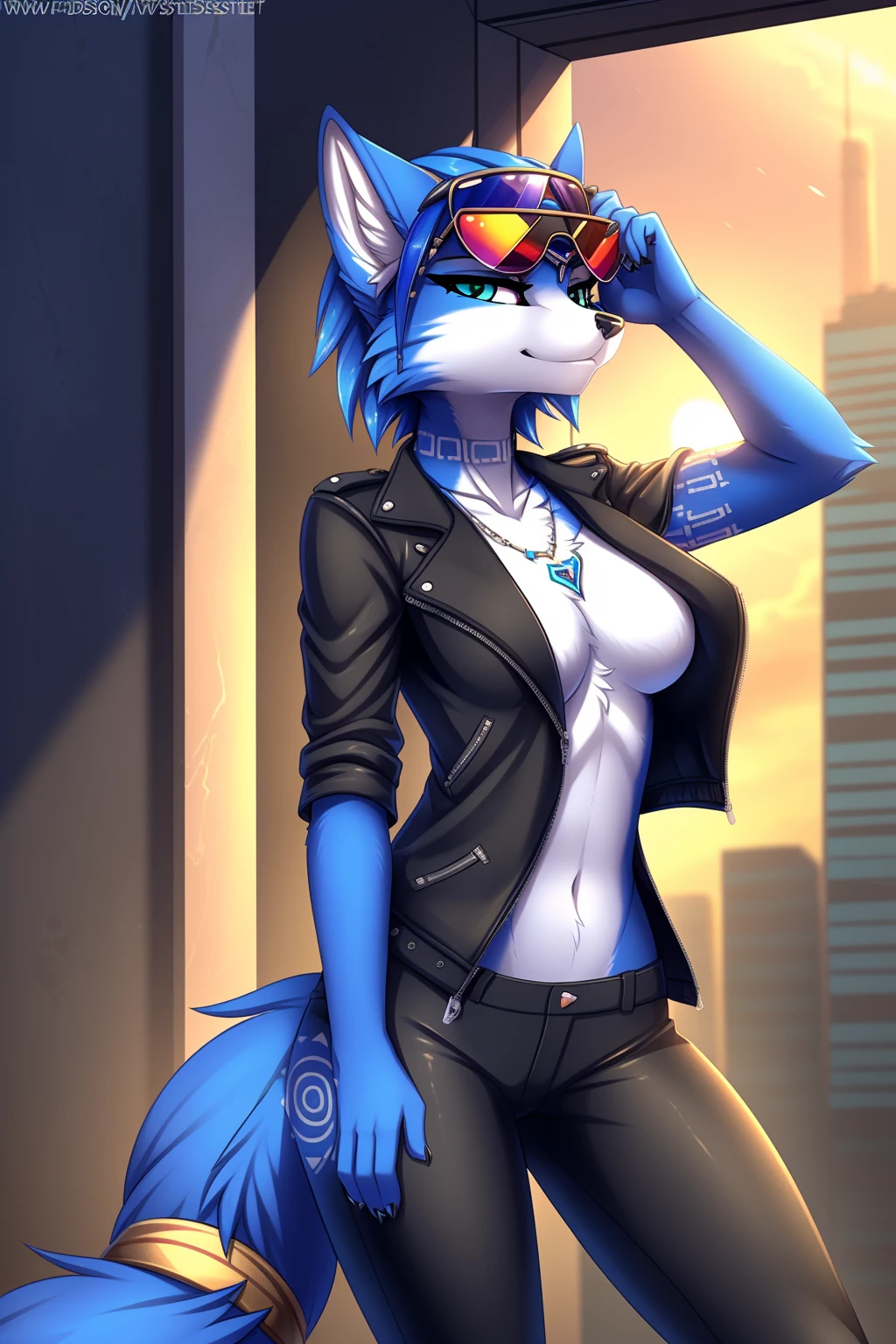 By zinfyuu on pixiv,by twistedscarlet60, uploaded on pixiv, by fluff-kevlar, (masterpiece), (best quality), (anthro furry:1.3, snout:1.2, anthro:1.3, furry:1.2, solo female:1.2), (extremely detailed:1.3), tall slim body, sweet smile, blue fur, krystal fox, krystal, black leather jacket:1.5), black jacket, leather jacket, black leather pants, black pants, leather pants, (sunglasses:1.2), rectangular sunglasses, dark sunglasses, dark sunglasses, black sunglasses, serious face, serious expression