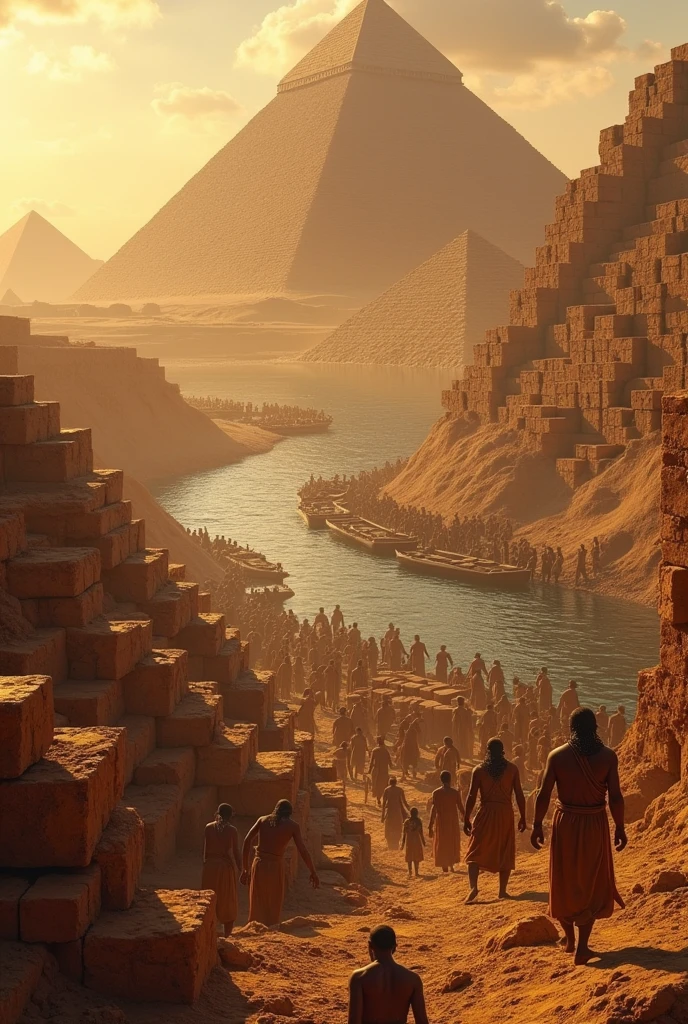 Make a picture of the Egyptian slaves melting the soil using large fires and turning it into very large bricks for the Egyptian pyramids. And using Nile to move the huge brikcs