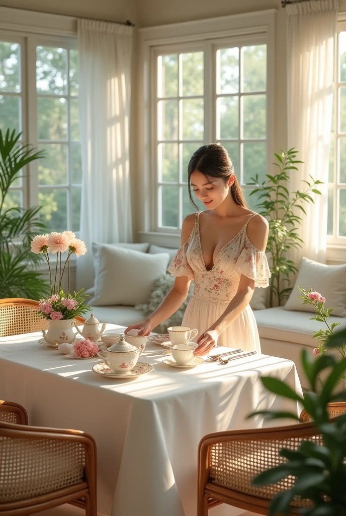 Imagine a woman with refined style and good taste in an elegant winter garden. The room is surrounded by large windows that let in natural light., lighting the space in a soft and welcoming way.
She is setting a tea table, which is arranged with fine china and sophisticated details. The winter garden features a combination of light-colored wicker or wooden furniture., comfortable cushions and light curtains that float gently. Plants and flowers in elegant pots are arranged around, creating an atmosphere of tranquility and natural beauty.
The woman is wearing an elegant and light summer outfit, maybe a floral dress or a coordinating set. She arranges items with a keen eye for harmony and style., reflecting his talent for creating a space that is both aesthetically pleasing and functional for relaxing and entertaining. The scene conveys a sense of calm and perfection in the balance between beauty and practicality..
