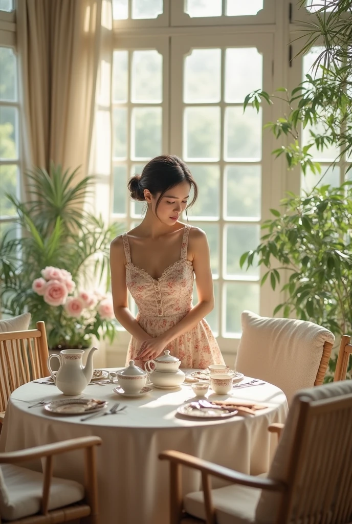 Imagine a woman with refined style and good taste in an elegant winter garden. The room is surrounded by large windows that let in natural light., lighting the space in a soft and welcoming way.
She is setting a tea table, which is arranged with fine china and sophisticated details. The winter garden features a combination of light-colored wicker or wooden furniture., comfortable cushions and light curtains that float gently. Plants and flowers in elegant pots are arranged around, creating an atmosphere of tranquility and natural beauty.
The woman is wearing an elegant and light summer outfit, maybe a floral dress or a coordinating set. She arranges items with a keen eye for harmony and style., reflecting his talent for creating a space that is both aesthetically pleasing and functional for relaxing and entertaining. The scene conveys a sense of calm and perfection in the balance between beauty and practicality..