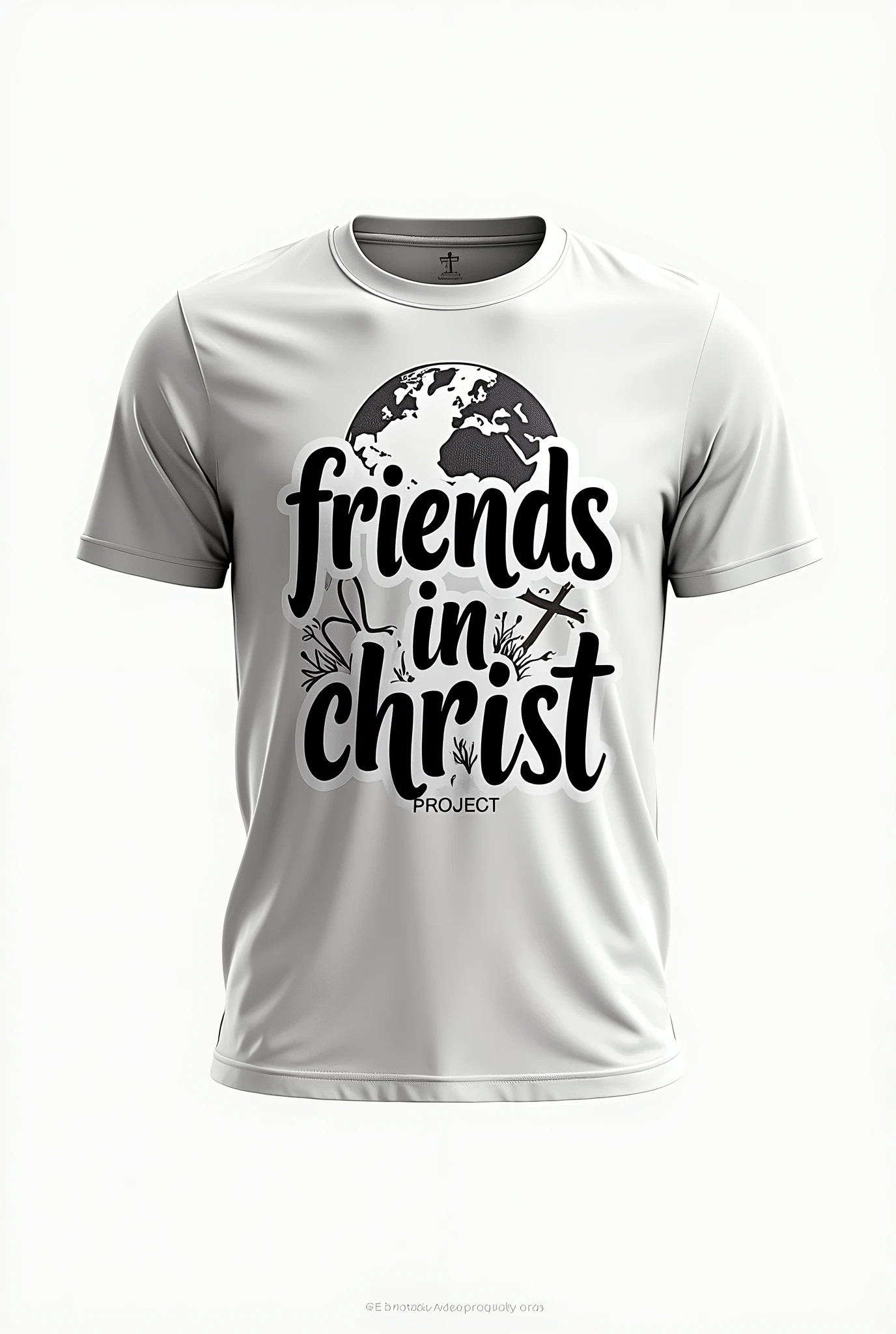 CREATE A SHIRT WITH THE BLACK PHRASE FRIENDS IN CHRIST PROJECT, WITH TERRESTRIAL GLOBE AND A CROSS