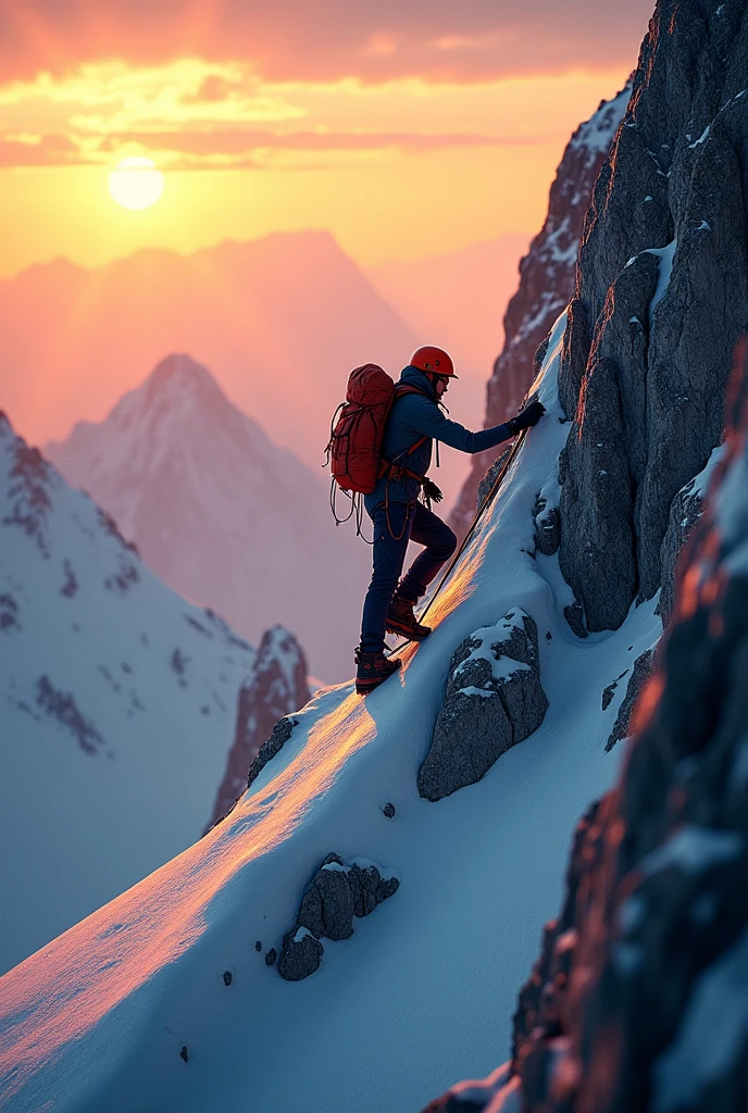 climber ascending a mountain at 3:00pm with bright colors seen from the side