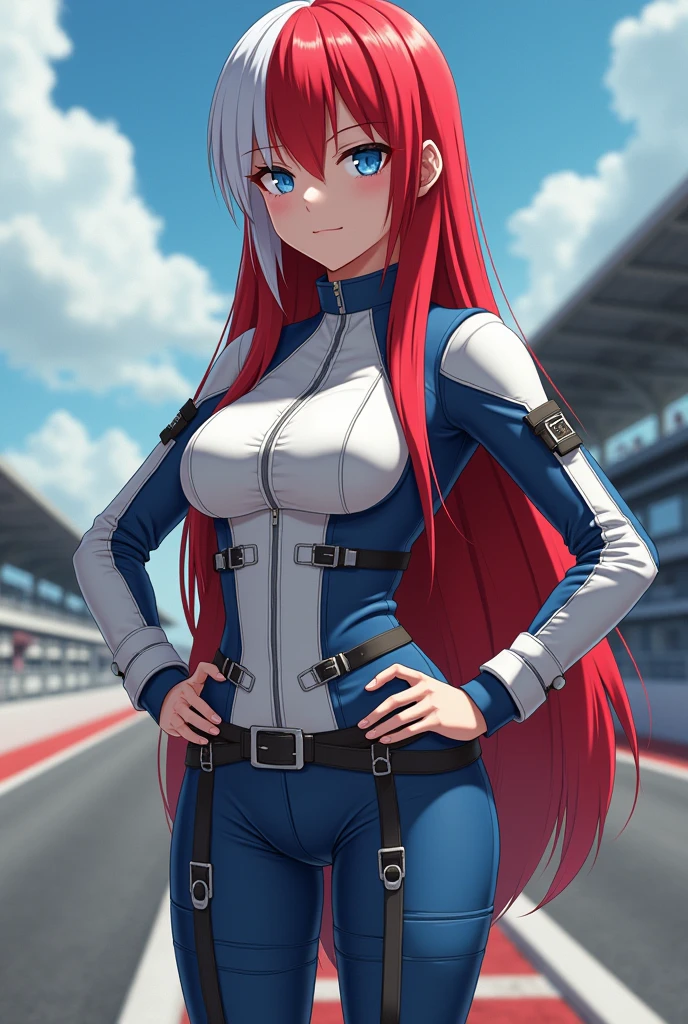 A female college student set in RWBY. (((straight hair))), (((red and white haired with colors split in middle))), (((pale blue eyes))), long lashes, (((Detailed face))), (((detailed eyes))), ((square chin)), high cheek bones, shallow cheeks, pale skin. Detailed hands and fingers. curvy body, wide hips, narrow waist. Wearing white and blue leather outfit, leather belts. Fantasy. Stern expression. Show her standing with her hands on her hips, looking to the side. automotive racetrack background. Masterpiece quality, best quality, hd,4k, volumetric lighting