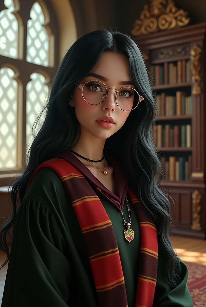 Billie elish long black hair,green eyes ,using round occlusal like harry with hogwarts uniform gryffindor house ,inside a magic library ,realisitic,ultra realistra ,ultra HD ,ultra 8k ,pretty girl , attractive girl , very attractive ,very beautiful , perfect