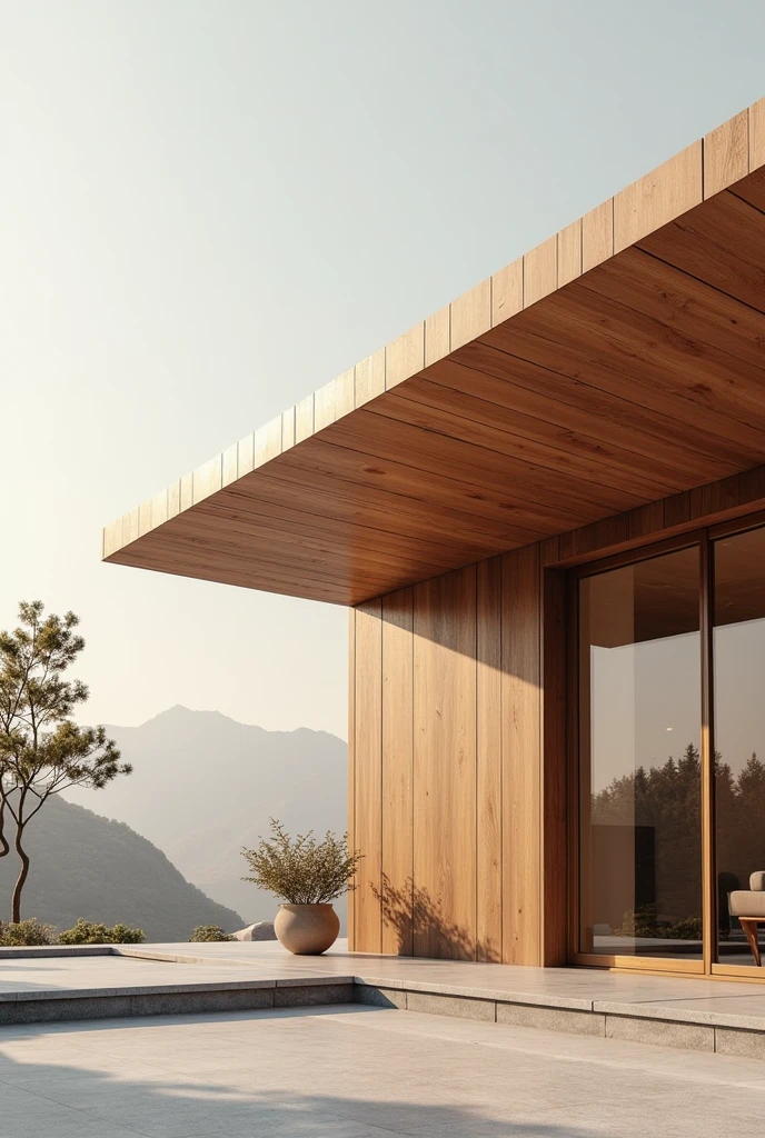 Create a visually striking Instagram post image featuring a modern roof design made of rich, natural wood. The wooden roof should be the central element of the image, showcasing its craftsmanship and texture. Incorporate the brand name 'Madetech's' into the scene, either as an elegant logo on the roof itself or as a subtle yet noticeable text overlay. The design should be clean, modern, and sophisticated, ideal for grabbing attention on social media.