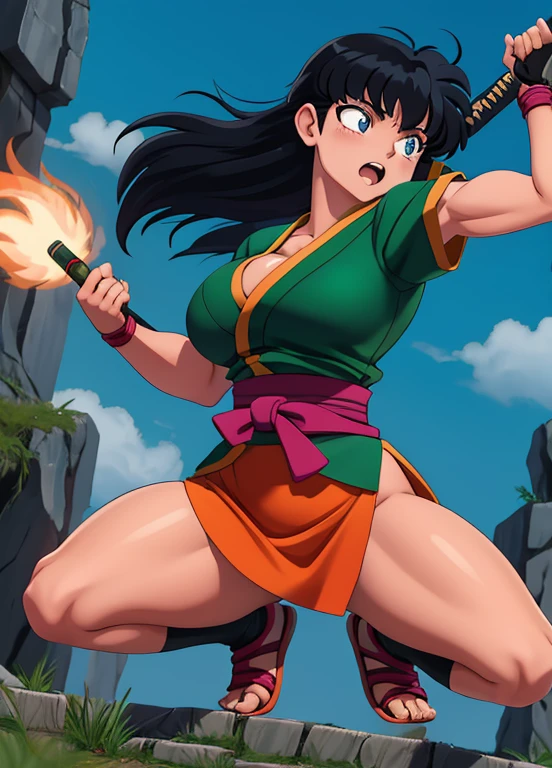 Imagine Kagome Higurashi as an Kunoichi fighter, 28yo, big breasts, athletic physique, wearing a green Kunoichi dress
