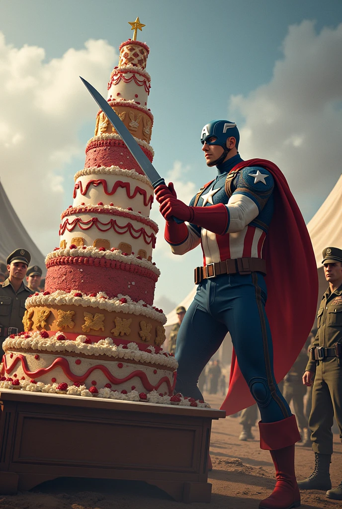 Captain America cutting very large size cake at a soldier camp