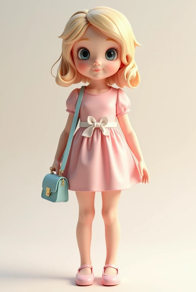 C4D model, a girl, in a pastel pink dress, with a white ribbon belt, blonde hair styled in soft waves, carrying a small pastel blue satchel, wearing light pink ballet flats, cute style