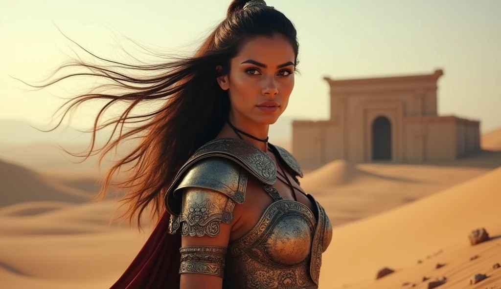 (masterpiece), full hd, best quality, 1 girl, solo, , beautiful, shapely, big hips, big breasts, innocent, Pure, delicate, Proportional body, perfect body figure, cold face, long hair flying in the wind, Photos with depth, wind, (masterpiece), full hd, best quality, expressive eyes, perfect face, 1 girl, solo, Portrait of an ancient Persian female warrior wearing armor fighting fiercely in the desert, In the distance is an ancient temple, long legs