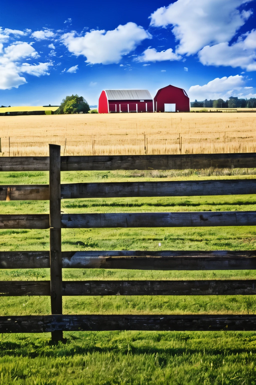 farm fence, with a large barn in the background, blue sky, clouded sky, birds flying in the background, farm fence close up.