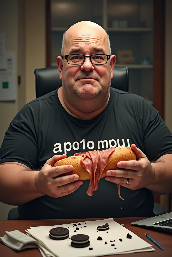 white male, 40 year old, baldie, wrinkled and completely smooth face, no fur, cheeky, Scrawny, but very pot-bellied, wearing glasses and eating baguette with lots of ham. Sitting behind a rather messy desk with a computer, stacks of papers, Oreo crumbs and cookies. Wearing a black shirt with the following phrase: APO1O MPU.
Perfect the latest creation. Keep her, but put more cookies on the table and more ham on the baguette.