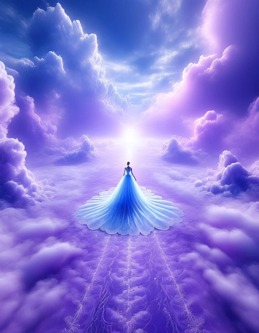 Tyndall phenomenon,Best quality,super detailed,valid,professional,Blue lace puffy wedding dress,Lots of lace,Rows of violet rays, cloud,fog,,White minimalist,partial reflection,Desktop wallpaper,Love is light, 8 K,12K,