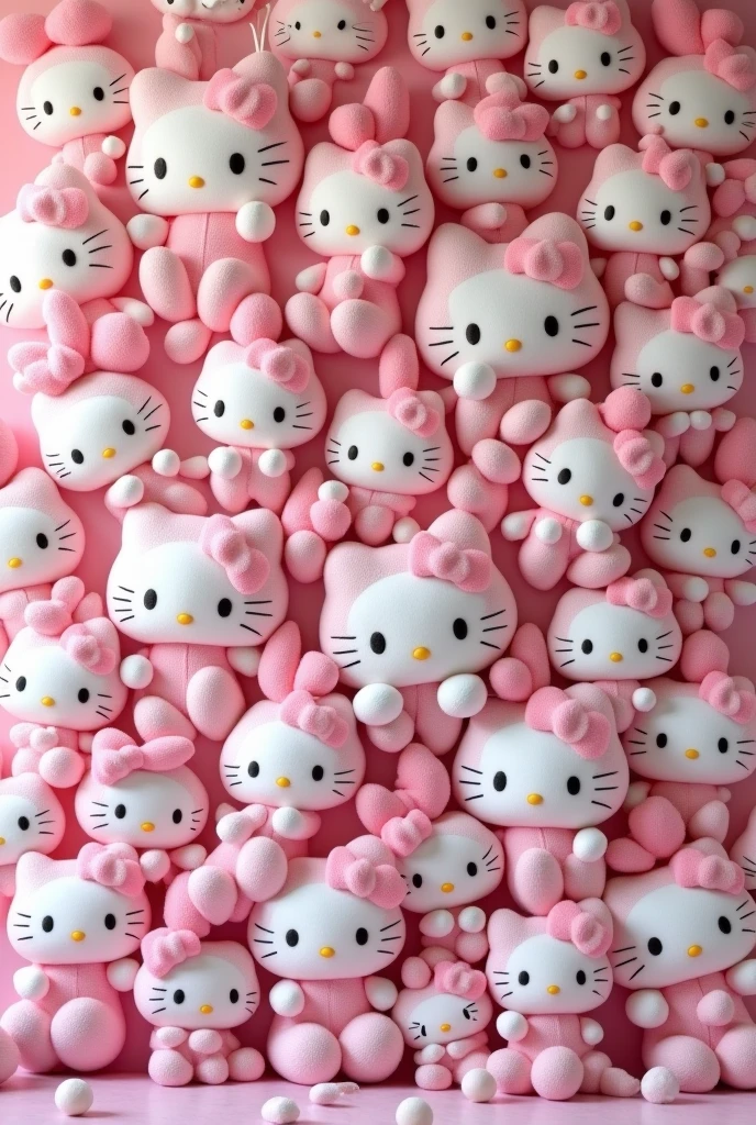 Several Hello Kitty and My Melody plushies on a wall and other pink teddy bears, all stuck to a wall LITERALLY covering it all in shades of light pink